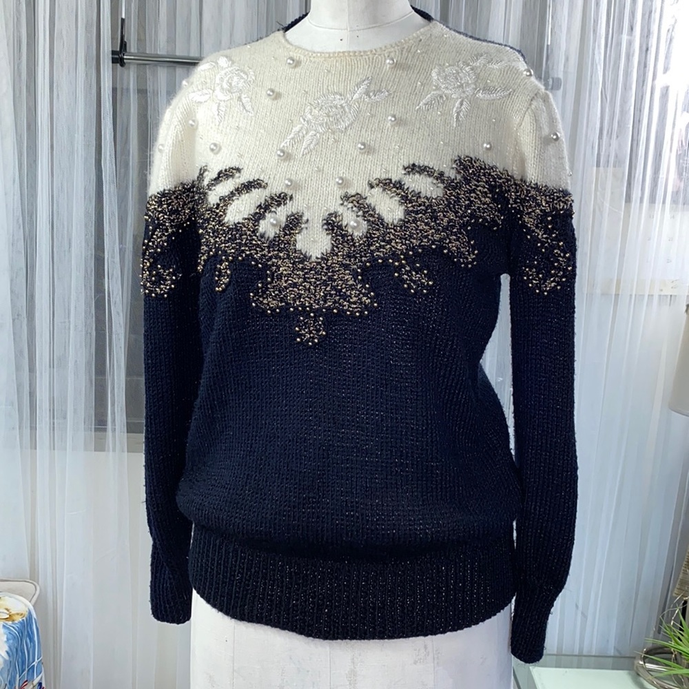 Vintage Navy and Cream Beaded Sweater VGC